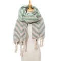 Thick mohair-like scarf in green and pink chevron pattern with chunky tassels - Green