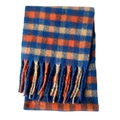 Écharpe à carreaux d'hiver en faux mohair bleu et orange avec pompons et texture douce - Carreaux Bleu et Orange
