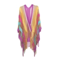 Detailed view of hollow knit shawl with colorful rainbow stripes and long fringe tassels - 130x125+10x2cm / Rose Red Striped