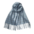 Blue and white checkered scarf with brown accents and fringe trim for autumn and winter - Blue