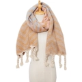Thick mohair-like scarf with camel, pink, and blue geometric pattern and tassel detail - Camel