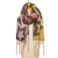 Thick knit star pattern shawl with pink and orange color-block and tassels - 185cmx40cm / Pink Yellow