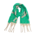 Détail d'une écharpe en maille bicolore vert et crème avec de larges franges - Vert