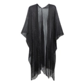 Women's black semi-transparent knit shawl with sparkling metallic threads and long fringe - Black