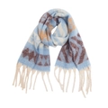 Écharpe d'hiver épaisse à motifs ethniques bleu ciel et crème avec de longues franges - Bleu