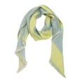 Detail showing the geometric color block pattern and frayed fringe edges of this knit shawl - XJ5-1 Yellow Argyle