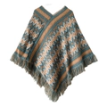 Ethnic knit poncho with blue wave pattern and fringed edges for winter travel - Tops / Khaki