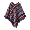 Ethnic knit poncho featuring red wave patterns and fringe hem on a white background - Tops / Black Red