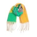 Thick geometric checkered scarf in bright yellow, green, and lilac with long tassels - 185x40+15cm / Green Yellow