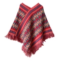 Ethnic style knitted poncho with red base, colorful wave patterns and fringe hem - Tops / Red