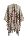 Detail of classic plaid shawl with fringe tassels in brown beige and light blue tones - Tops / 130x150+10cm / SH-22# Khaki
