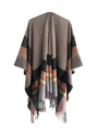 Detail of soft earth tone acrylic checkered shawl showing fringe edges and knit texture - Tops / 130x150+10cm / SH-23# Khaki