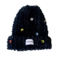 Women's black plush knit hat with colorful buttons and thick winter thermal material - Hat / Black