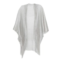 Elegant silver sheer knit shawl featuring metallic thread and long fringe tassel detail - Silver