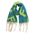 Winter boucle scarf in blue and green jacquard F pattern with long white tassels - Grass Green
