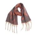 Winter boucle knit scarf featuring dark gray and brick red geometric patterns and fringe - Pink
