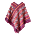 Poncho in maglia rosso bohémien con motivi geometrici blu e lunghe nappe - Rosa Rosso