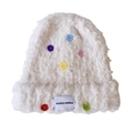 White plush knitted winter hat with colorful decorative buttons for cold weather - Hat / Cream