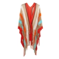 Rainbow striped knit poncho with V-neck, bohemian hollow design and long tassels - 130x125+10x2cm / Red Stripes