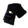 Black plush winter scarf with colorful buttons and white fabric label detail - Scarf / Black