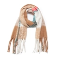 Thick plaid knit scarf with light brown, white, teal, and orange patterns with tassels - Green Camel
