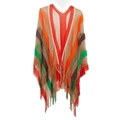 Bohemian knit poncho with vibrant rainbow stripes, V-neck hollow mesh, and long fringe detail - 130x125+10x2cm / Orange Stripes
