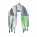 Close-up of geometric color block scarf featuring thick knit fringe and soft textures - Green