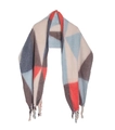 Close-up of geometric pattern scarf with thick braided tassels and soft wool-like texture - Red