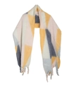 Detail of soft multi-color geometric scarf showing thick tassels and plush texture - Yellow
