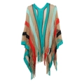 Bohemian knit poncho featuring colorful rainbow stripes and stylish fringe hem detail - 130x125+10x2cm / Blue Stripe
