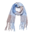 Blue and beige plaid chunky knit scarf with fringes in soft boucle mohair style - Light Blue