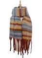 Sciarpa in maglia spessa con strisce colorate e nappe a frangia grossa in toni rustici - Caffè Blu