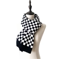 Thick knit checkerboard scarf in black and white with ribbed hem for women - Black (Black/White Checkerboard)