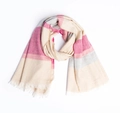 Écharpe épaisse en acrylique à rayures rose, beige et gris avec de fins pompons - Rose rouge