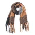 Winter plaid scarf with orange and brown check patterns and long fringe tassels - Black