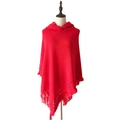 Close-up of red hooded knit poncho showing thick wool texture and fringe tassel details - Tops / 138X132X35+10CM / Red