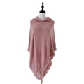 Detail view of pink knitted hooded poncho featuring tassel fringe and hollow-out lace patterns - Tops / 138X132X35+10CM / Dusty Pink