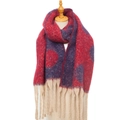 Thick knit winter scarf with red and purple polka dots and long beige tassels - Red