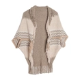 Poncho in maglia da donna con motivi a zigzag beige e dettagli a frange in variante - Cachi