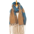 Thick knit scarf with blue and brown contrast pattern and long chunky tassels - Dark Blue