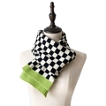 Knitted checkerboard scarf in black and white with vibrant green ribbed trim detail - 150cm / Green Edged