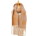 Thick autumn scarf with large beige dots and tassels on camel knit fabric - Camel