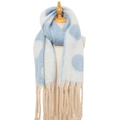 Thick knit scarf with light blue large polka dots and cream yellow long tassels - Blue