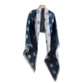 Thick navy blue and light gray polka dot knit scarf with fringe trim detail - Blue Polka Dot