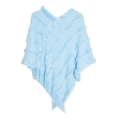 Light blue knit poncho featuring a V-neck design, plush striped texture and long fringe hem - Light Blue