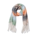 Karierter Strickschal mit orange-grünen Quadraten und Fransen für Damen - Orange Grün