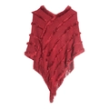 Wine red V-neck knitted poncho for women featuring soft plush stripes and fringe details - Burgundy