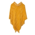 Women's mustard yellow knit poncho with faux fur collar and fringed hem design - One Size / Yellow