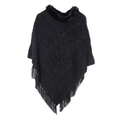 Black sequin knit shawl poncho with faux fur collar and fringe hem for women - One Size / Black