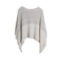 Poncho en maille gris clair avec texture rayée et détails de longues franges - Beige